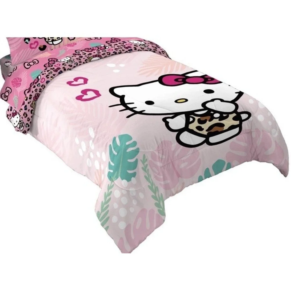Hello Kitty Tropical Leaves Reversible Comforter Twin XL Pink Leopard